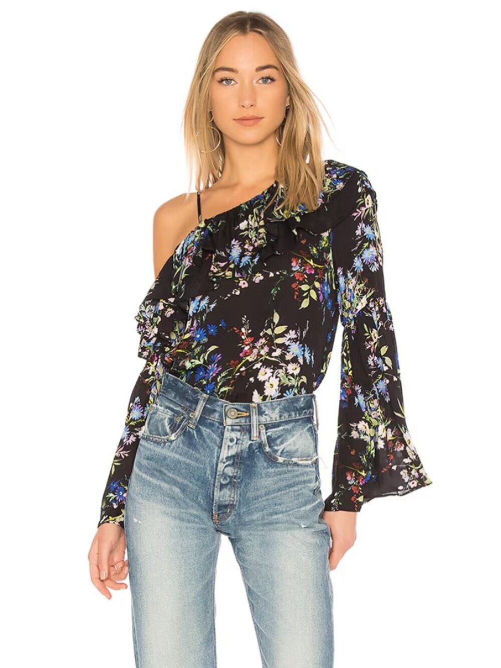 PARKER Lima Boboli Black Floral Silk Georgette Off The Shoulder Blouse, Size L